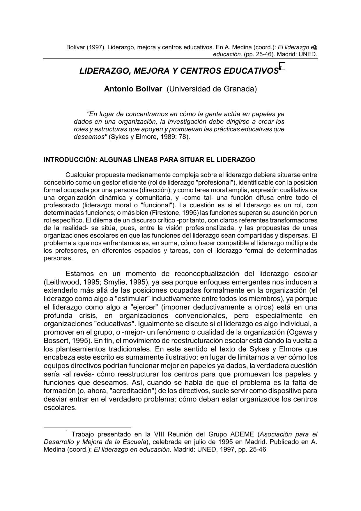 Liderazgo, mejora y centros educativos